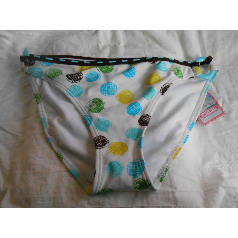 NEW Arizona Multi Colored Large Swim Suit Bikini Bottoms Dots Brown/White/Aqua!!